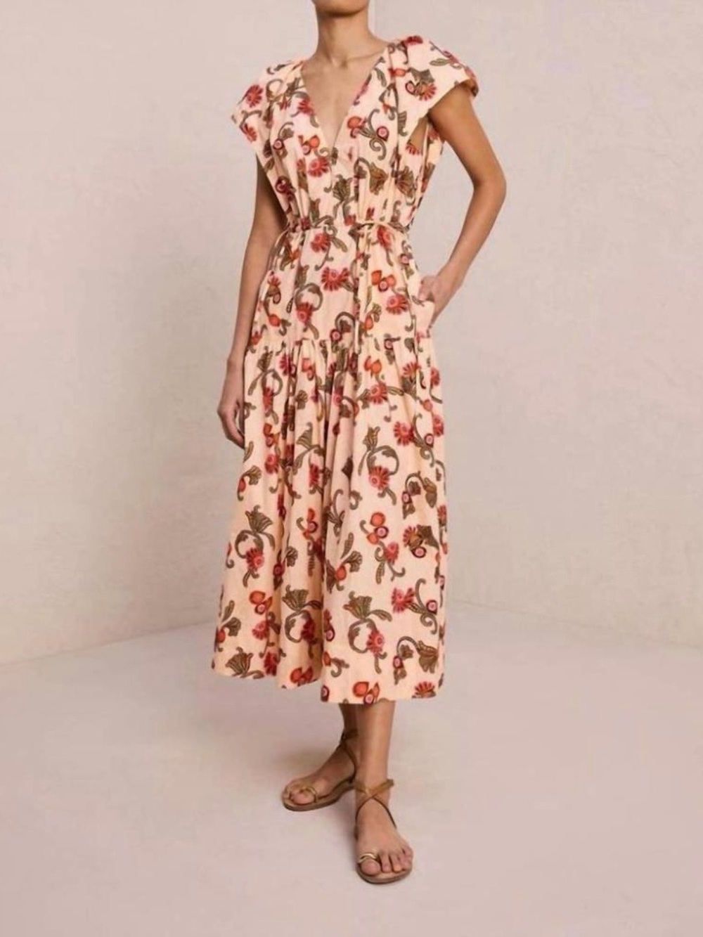 A.L.C. August Peach Dust Multi Floral V-Neck Tiered Midi Dress